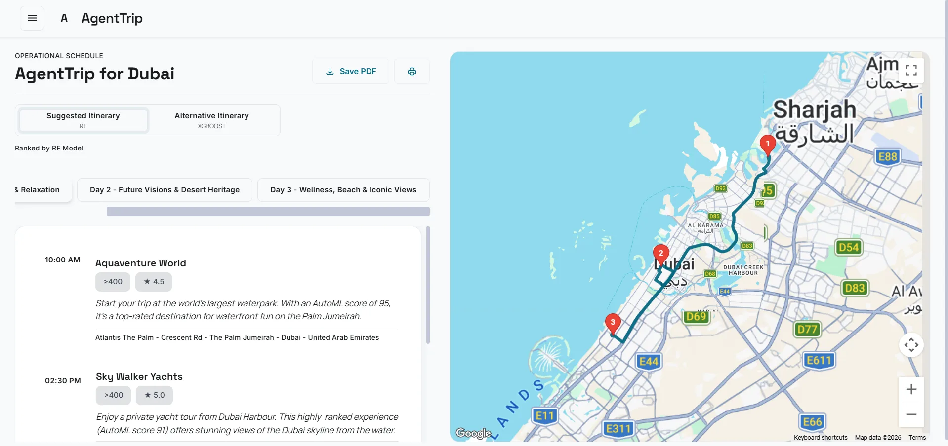 AgenTrail Dubai itinerary with ranked stops and Google map route