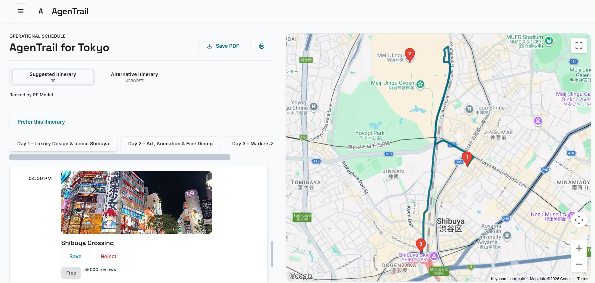 AgenTrail Tokyo itinerary with save and reject controls and route map